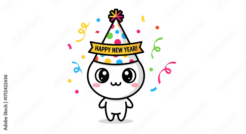 Naklejka premium Cute cartoon character celebrating New Year's Eve with a party hat and confetti, perfect for festive greetings