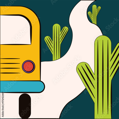 Kids art. Vector illustration of yellow bus in desert with simple hand drawn cactus. Perfect child room interior poster kid book image travel card postcard cover print. Mexican postage stamp. EPS 10 