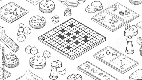 Family Game Night Line Drawing Vector Illustration for Fun and Entertainment at Home