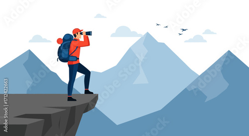 Adventurer Observing Mountains From Hilltop With Binoculars Under a Clear Sky