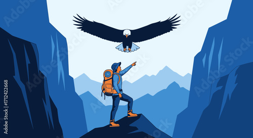 Adventurer Observing The Majestic Eagle Flying Over Rough Mountains In Adventure