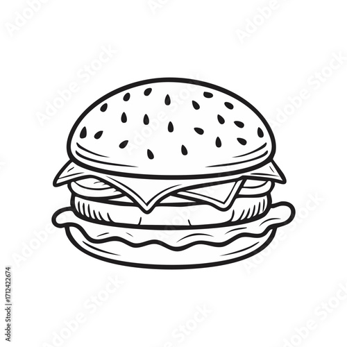 Flat design burger icon. Vector art, minimalist, clean lines, vibrant colors. A simple, appetizing cheeseburger illustration. Isolated object on a clean background.