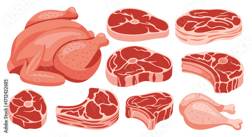 A collection of raw meat poultry and steak cuts for culinary preparation.