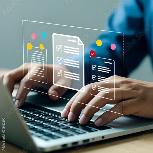 Man using laptop for online survey form with checklist and document