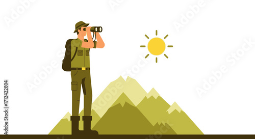An Explorer Observing Nature's Beauty With Binoculars Atop Forested Mountains