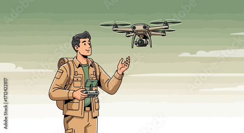 Adventurer Piloting Drone Amidst Cloudy Vista Captures Scenic Aerial Photography Expedition