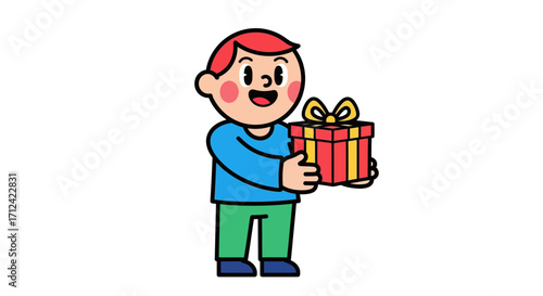 Cartoon Boy Holding a Gift Box with a Bow, Illustration of a Young Boy with a Present