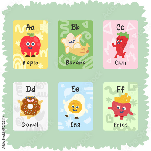 cute hand drawn food illustration of alphabet flashcards design set