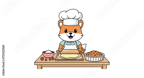 Cute fox baker in chef hat making a pie, rolling dough with a rolling pin on a wooden table with berries and ingredients