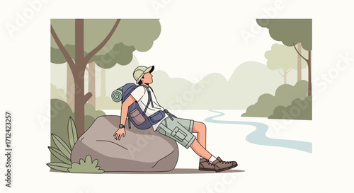 Adventurer Resting By Serene Creek After Hiking Through Lush Terrain and Forest, Relaxed