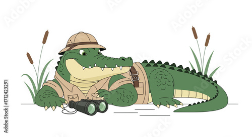 Animated Alligator Explorer Observing His Surroundings With Binoculars In Wilderness Setup