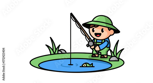 Cute cartoon fisherman with a hat and overalls, joyfully fishing in a pond with a fish on his line, surrounded by grass and water