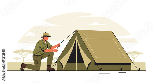 Adventurer Setting Up A Tent In The Wild, Camping Illustration Design