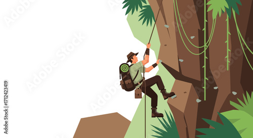 Adventurer Scaling Cliffface In Expedition, Overcoming Challenges To Achieve Greatness