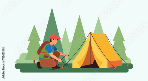 Adventurer Setting Up Camping Shelter Amidst Evergreen Forest Scenery Illustration
