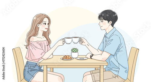 Animated Couple Enjoying Coffee Date Moment with Croissant on Wooden Table