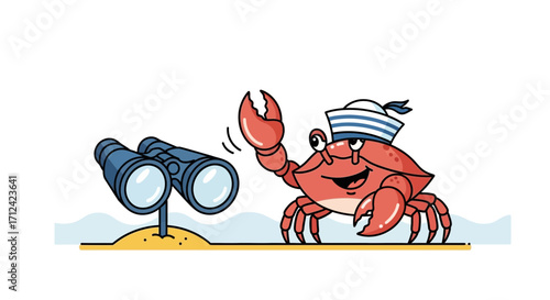 Animated Crab Sailor Observes the Coast With Binoculars, Cartoon Seaside Artwork