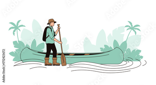 Adventurer Standing By Canoe Ready For Expedition In Tropical Environment