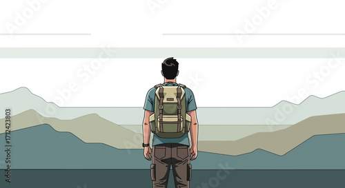 Adventurer Standing On Mountaintop Enjoying View of Serene Landscape Adventure Journey