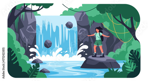 Adventurer Stands Bravely Before Waterfall Amidst Lush Verdant Foliage Scenery Depiction