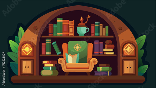 A reading nook with a handcrafted bookshelf filled with leatherbound books and handpainted bookends.