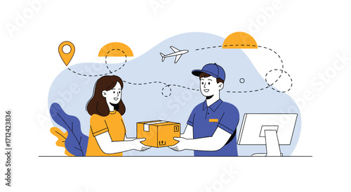 Delivery person handing a package to a customer with airplane and location pins in the background.