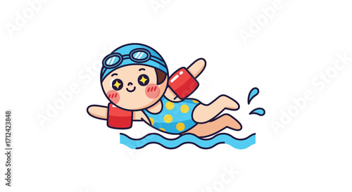 Adorable cartoon child wearing goggles and arm floaties joyfully swimming in the ocean waves