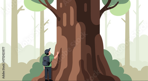 Adventurer Stands, Admiring Majestic Giant Tree Amidst Lush Green Forest, Exploration Concept