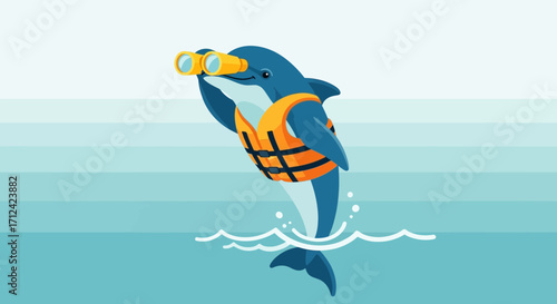 Animated Dolphin With Binoculars, Wearing Life Vest, Observing Across The Ocean