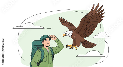 Adventurer Stares At The Magnificent Bald Eagle While Exploring the Wilds Outdoors