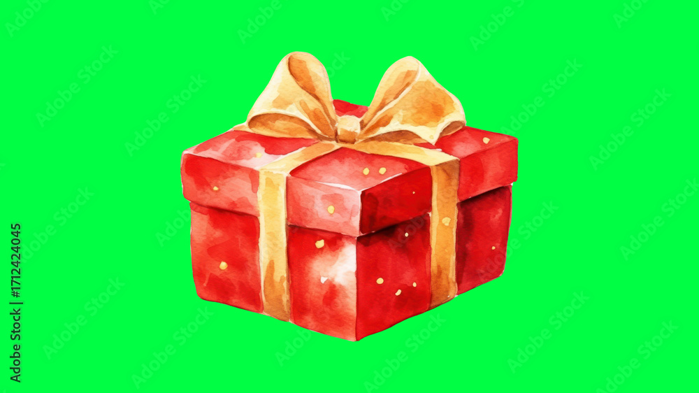 Fototapeta premium Festive watercolor gift box, element on green screen