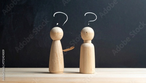 Two wooden figurines—one smiling, one sad—stand on a wood surface against a chalkboard backdrop, evoking emotional contrast, quiet empathy, and the symbolic simplicity of human connection.