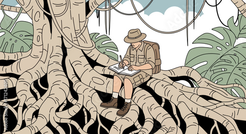Adventurer Taking Notes Amidst Impressive Tree Roots And Exotic Foliage Illustration