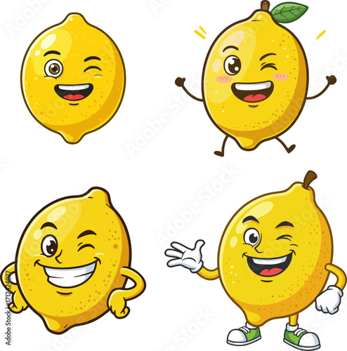 A delightful set of winking lemon fruit cartoon characters, showcasing happy expressions and cheerful poses for a fun mascot design