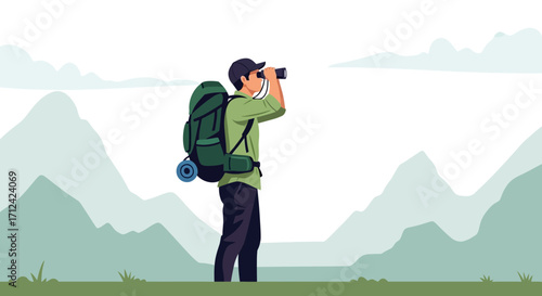 Adventurer Using Binoculars To Explore Mountain Ranges Amidst Serene, Green Outdoor Scene