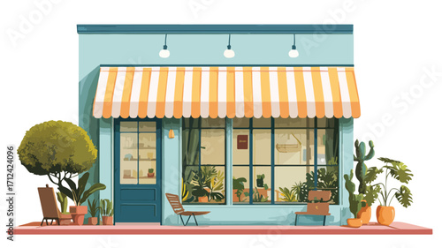 Modern Cozy Urban Coffee Shop with Striped Awning, Vector Illustration