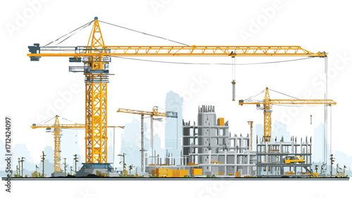 Modern Construction Crane Moving Steel Beam at Construction Site