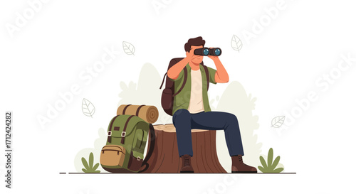 Adventurer With Binoculars Captures View Sitting On Stump Observing The Nature