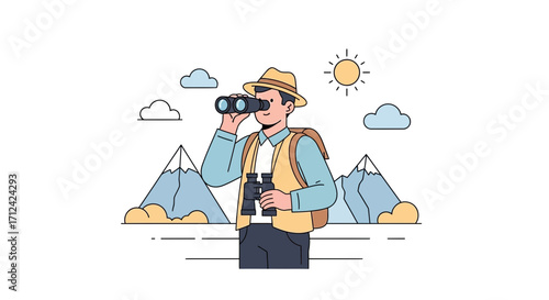 Adventurer With Binoculars Looking At Snowy Mountains On A Beautiful Sunny Day