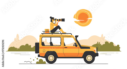 Adventurer With Binoculars On The Car Roof Exploring Desert Landscape Illustration