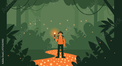 Adventurer With Torch Navigating Luminous Path Through Mysterious Forest at Night