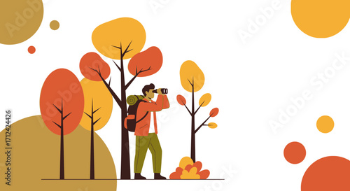 Adventurer's Exploration: Observing Autumn Landscape Through Binoculars, Seeking Adventure