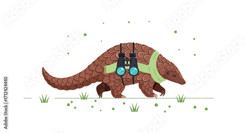 Animated Pangolin Wearing Scarf And Binoculars Trekking Throught The Grass