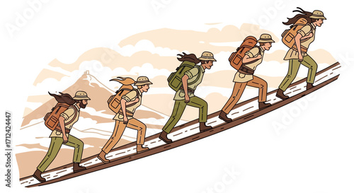 Adventurers Ascending a Slope Towards A Mountain, Determination And Perseverance Displayed