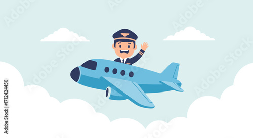 Animated Pilot Character Flying a Blue Airplane Above the Clouds Vector Illustration