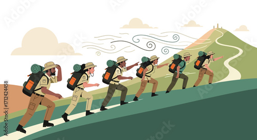 Adventurers Journey Upwards to Reach the Summit Amidst Blowing Winds and Green Hills