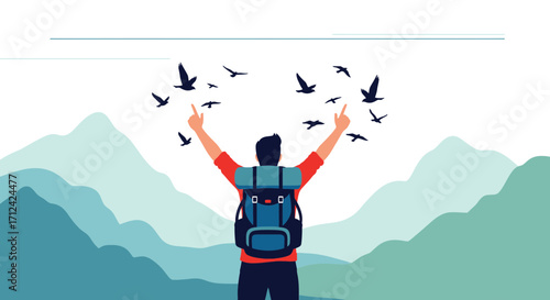 Adventurer's Joyful Embrace: Observing Birds Soaring Above Mountainous Landscapes