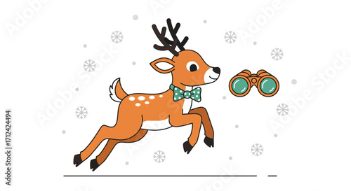 Animated Reindeer With Binoculars In A Wintery Scene Surrounded By Snowflakes