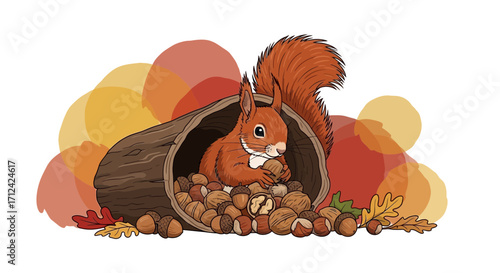 Animated Squirrel Concealed In Log Full Of Nuts With Autumnal Leaves Background
