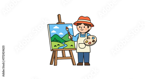 A happy artist in a hat and apron is engrossed in painting a beautiful landscape of mountains and a river on an easel, a charming illustration of creative passion and artistic pursuit